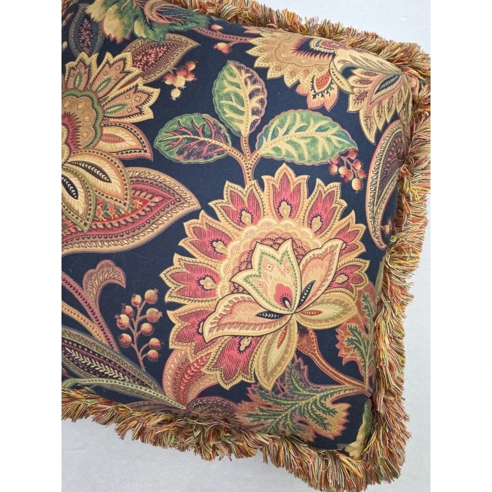 Valentina Onyx Jacobean Floral Pillow Fringe French 17